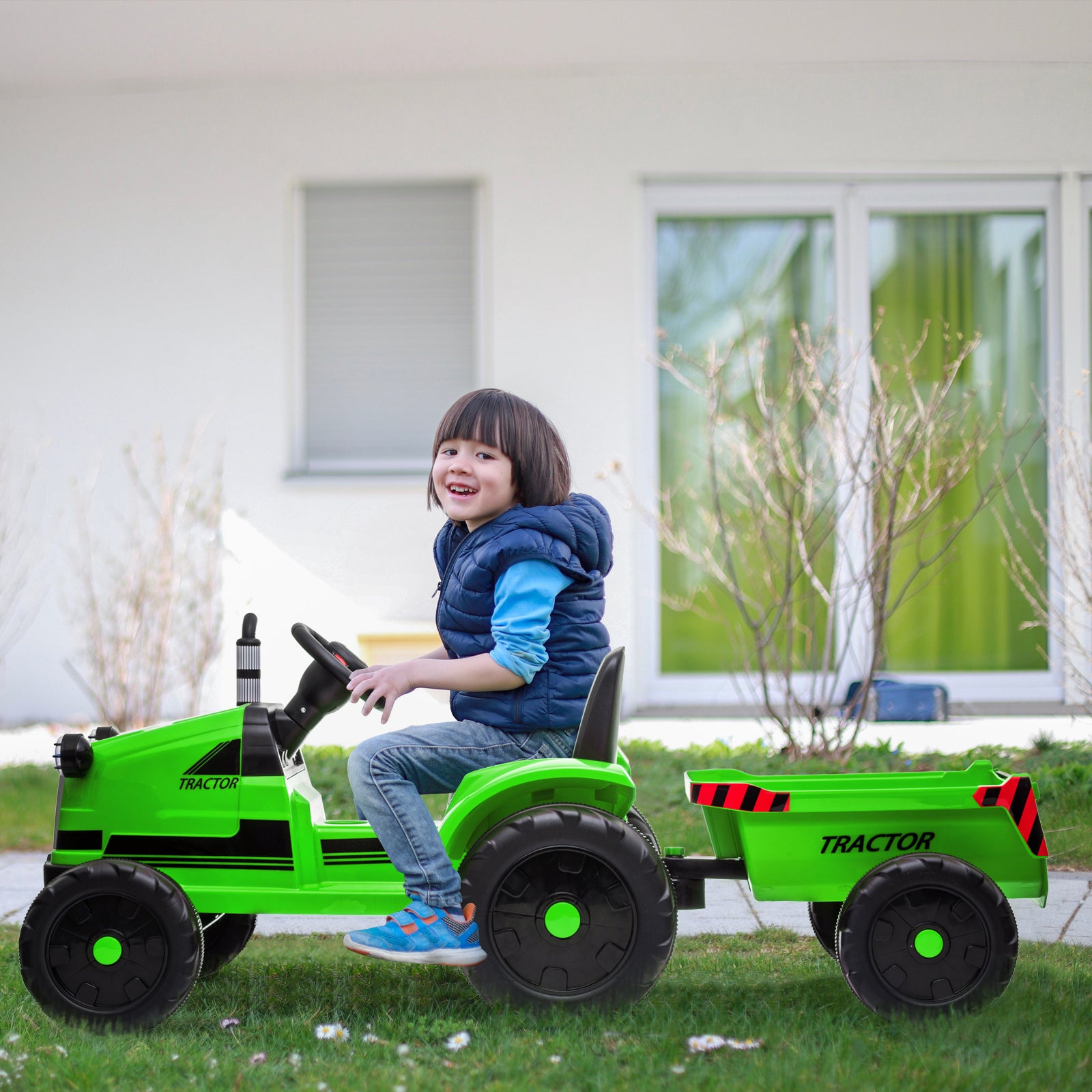 3-Gear-Shift Ground Loader Ride-On Toy Tractor with Trailer and LED Lights