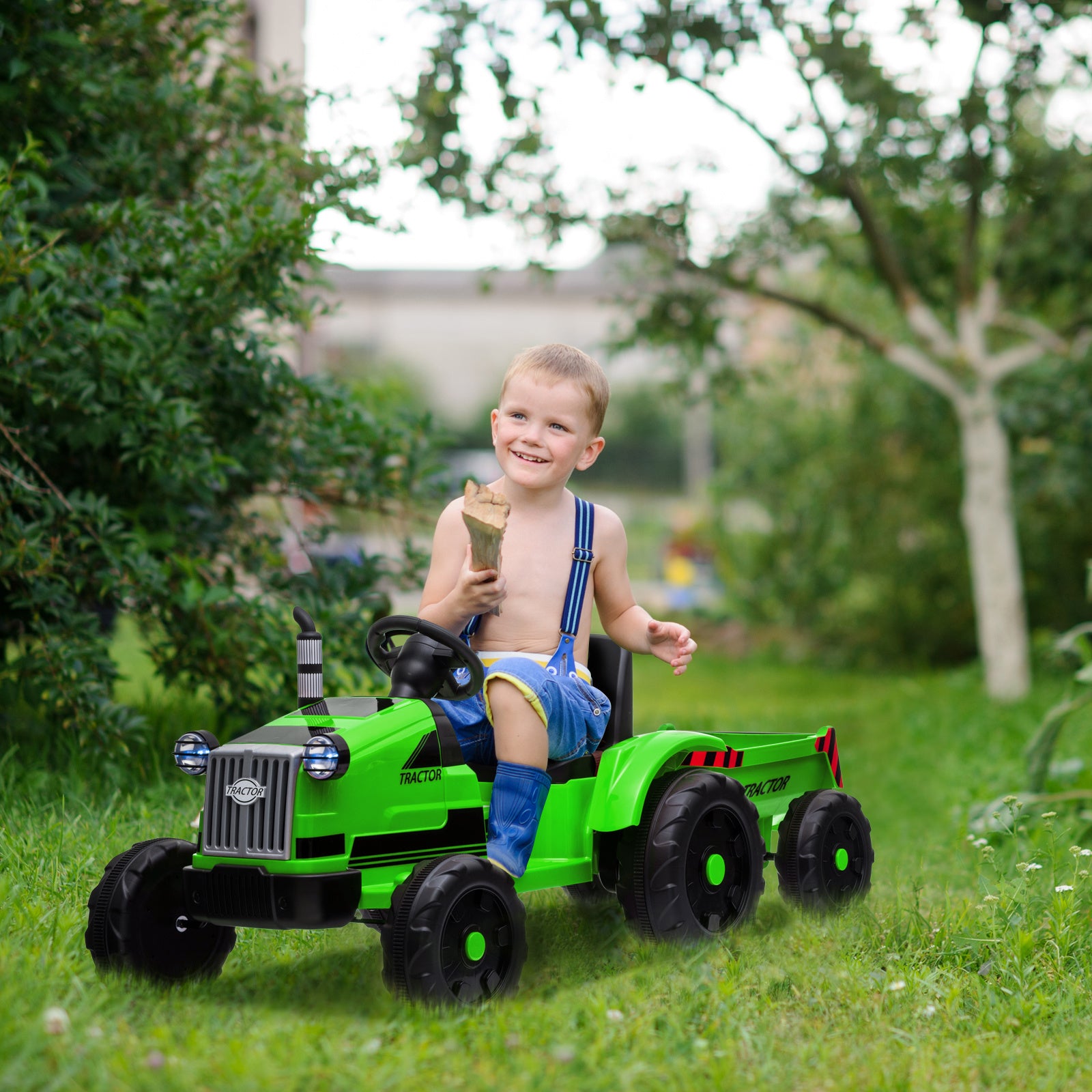 3-Gear-Shift Ground Loader Ride-On Toy Tractor with Trailer and LED Lights