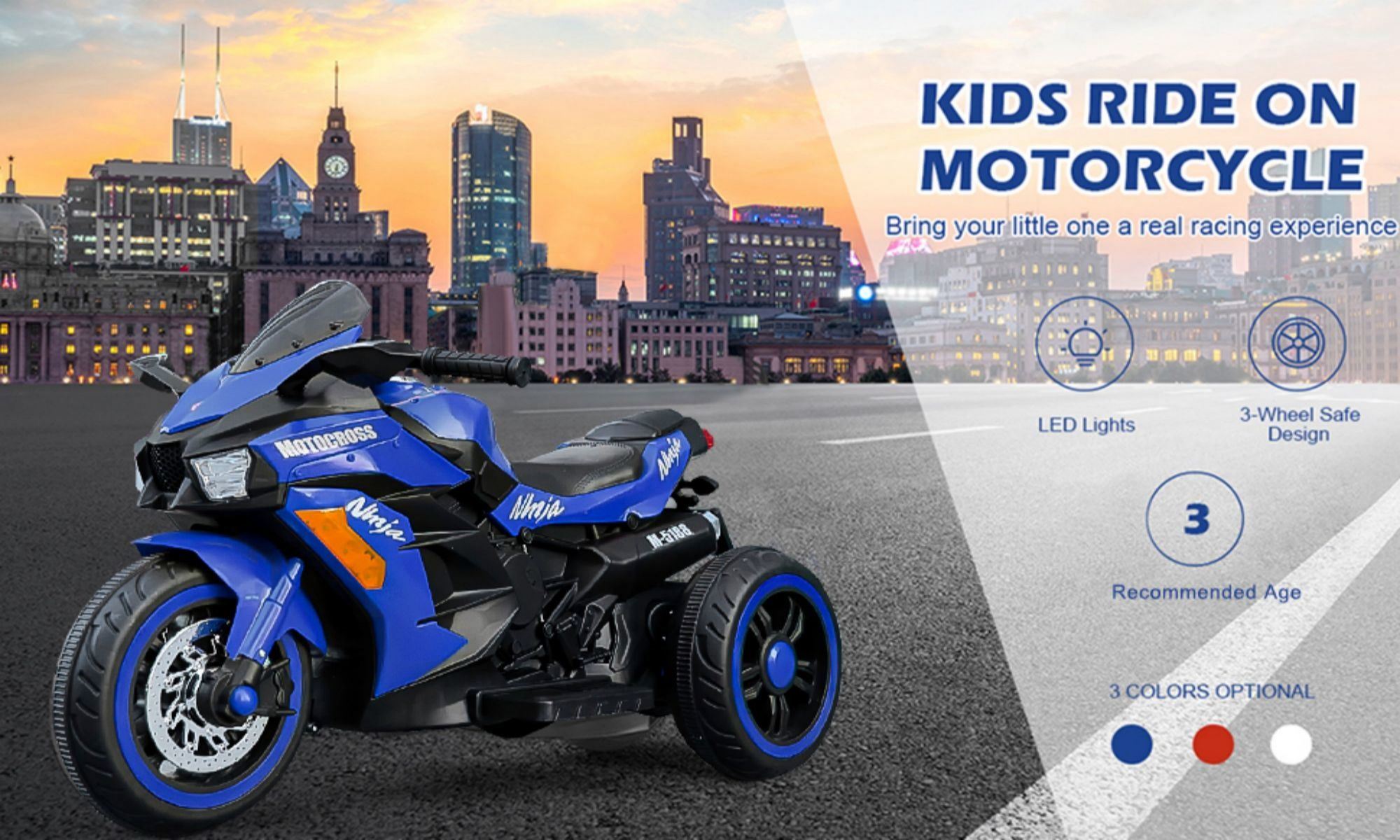 12V 3-Wheel Kids Rechargeable Electric Motorcycle - Blue