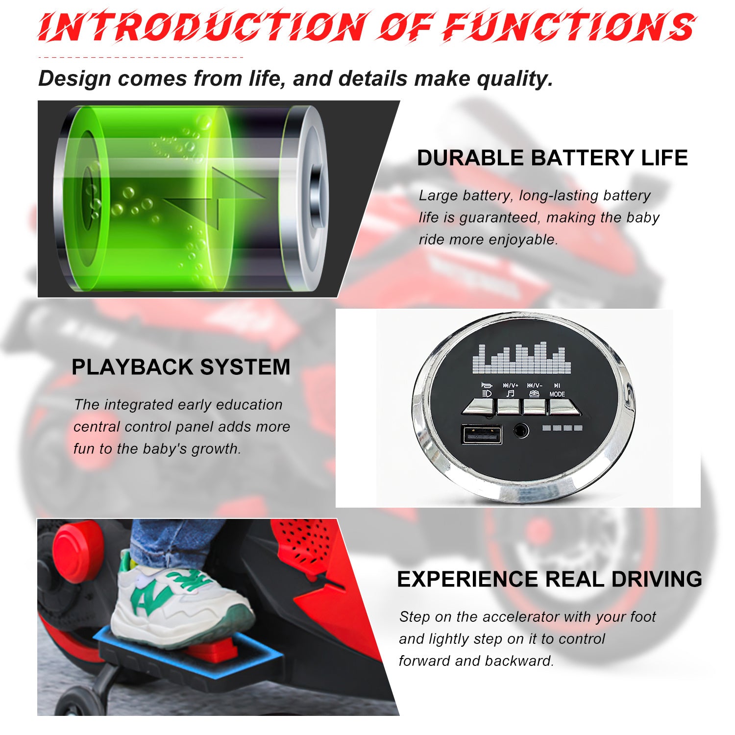 12V Kids Rechargeable Riding Electric Motorcycle - Red