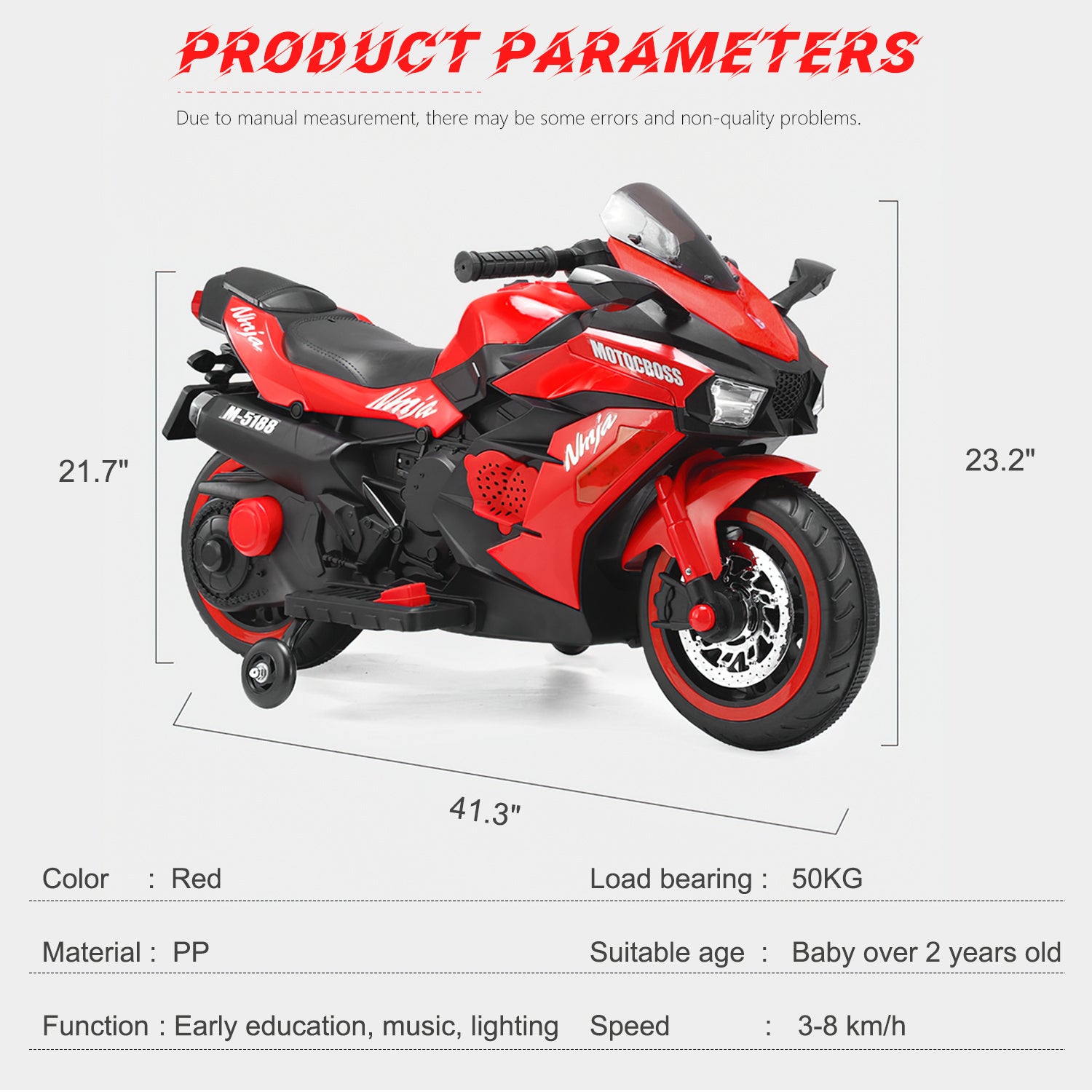 12V Kids Rechargeable Riding Electric Motorcycle - Red