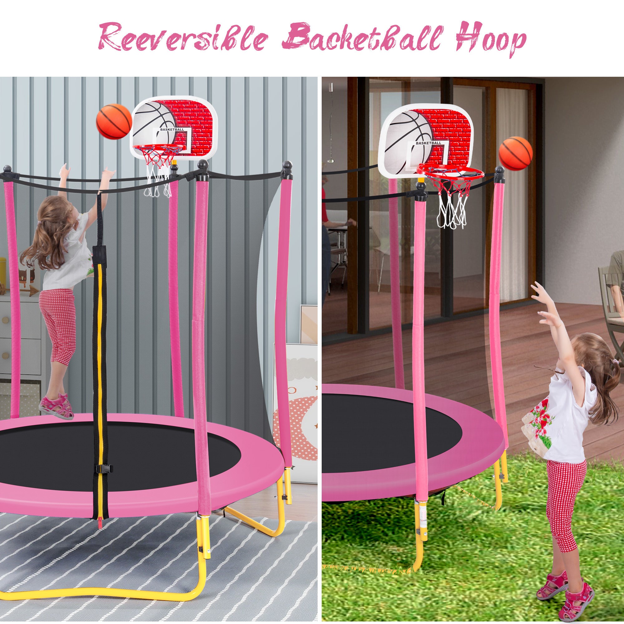 5.5FT Kids Trampoline with Basketball (Pink)