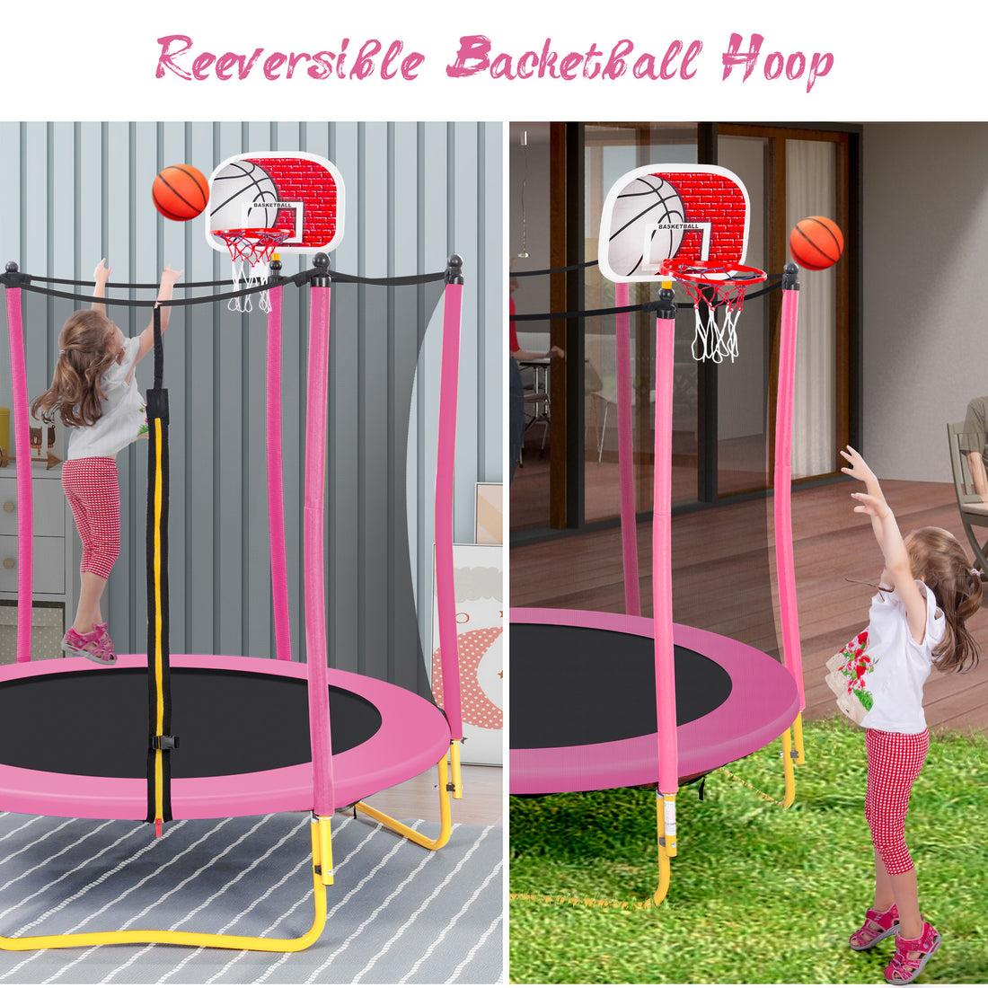 5.5FT Kids Trampoline with Basketball (Pink)