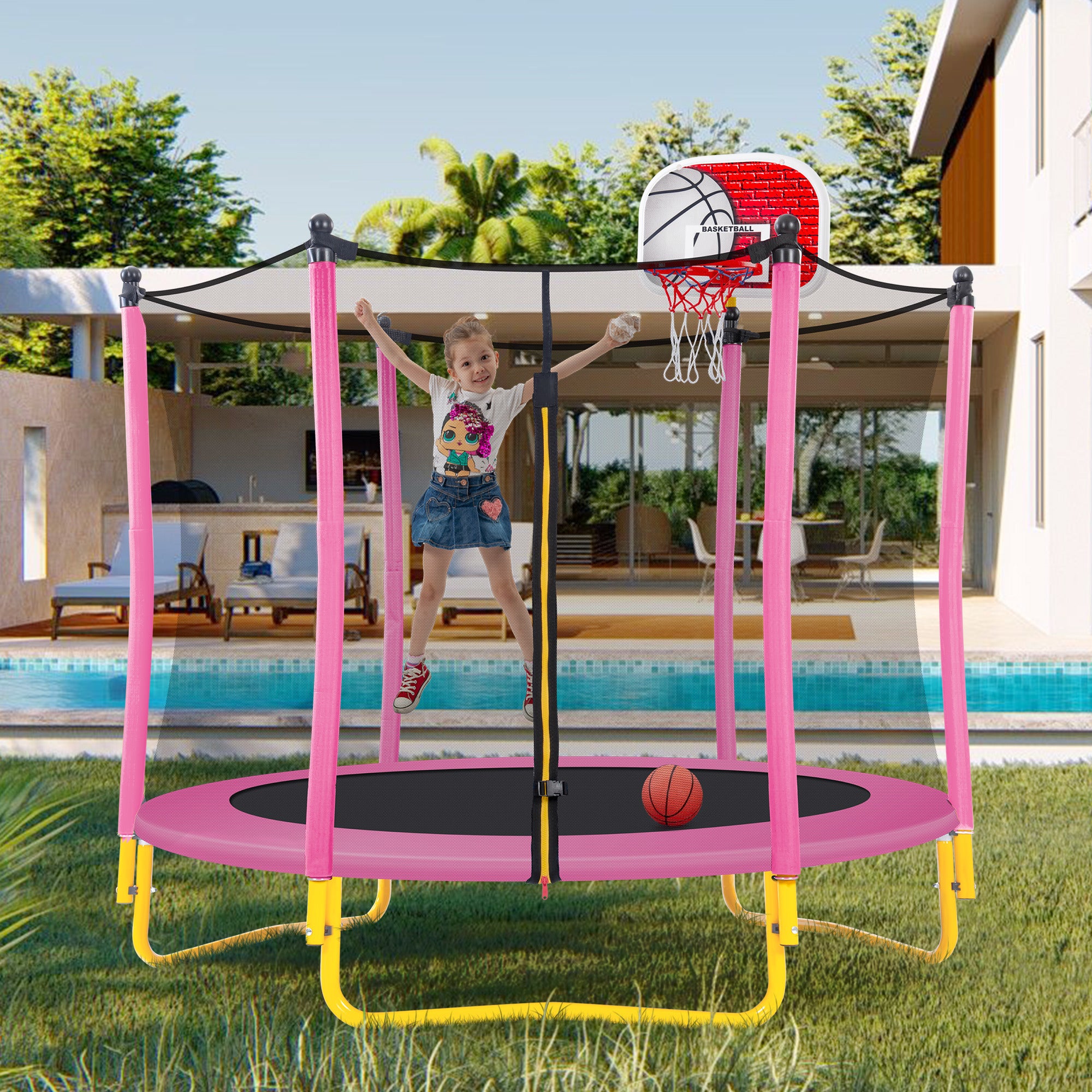 5.5FT Kids Trampoline with Basketball (Pink)