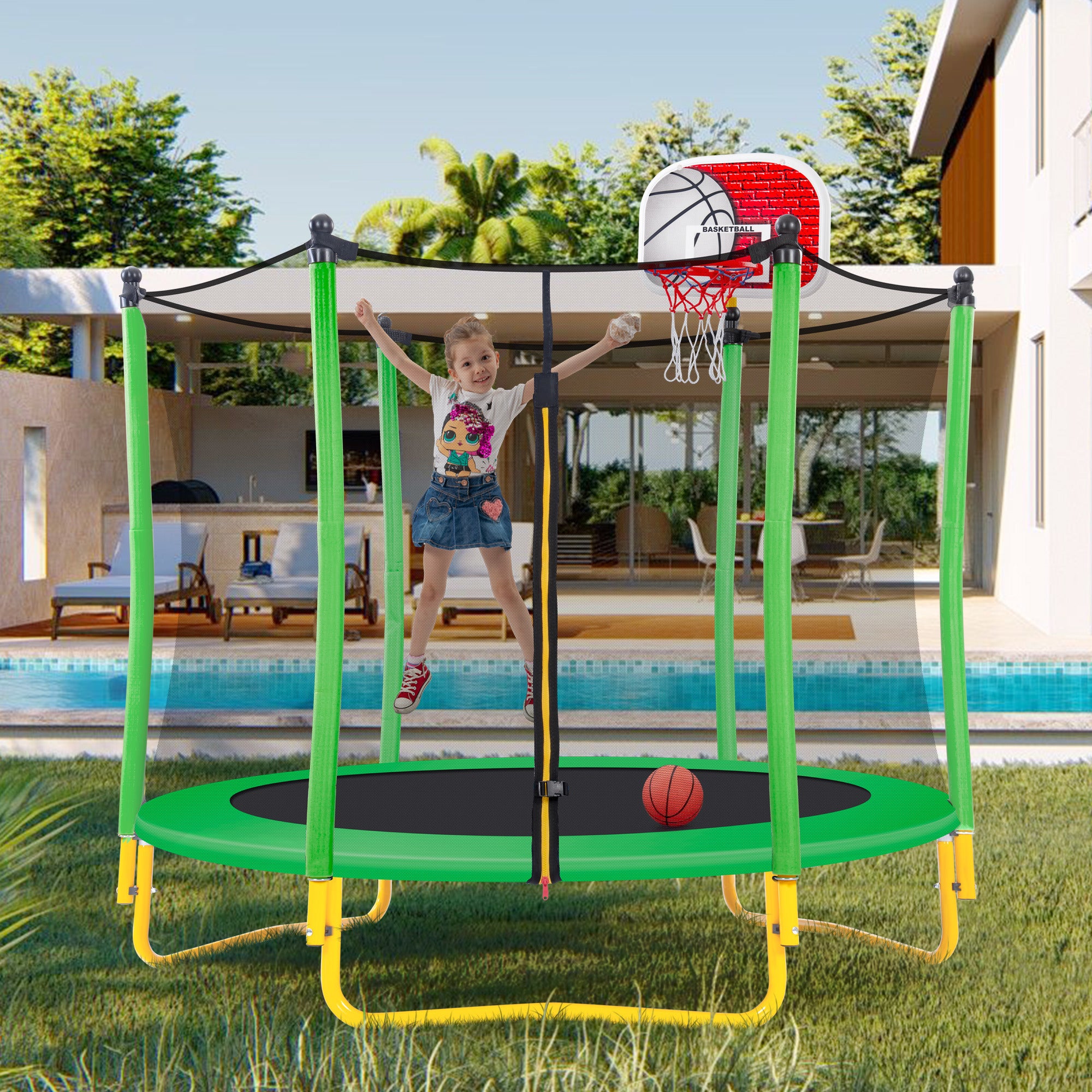 5.5FT Kids Trampoline with Basketball (Green)