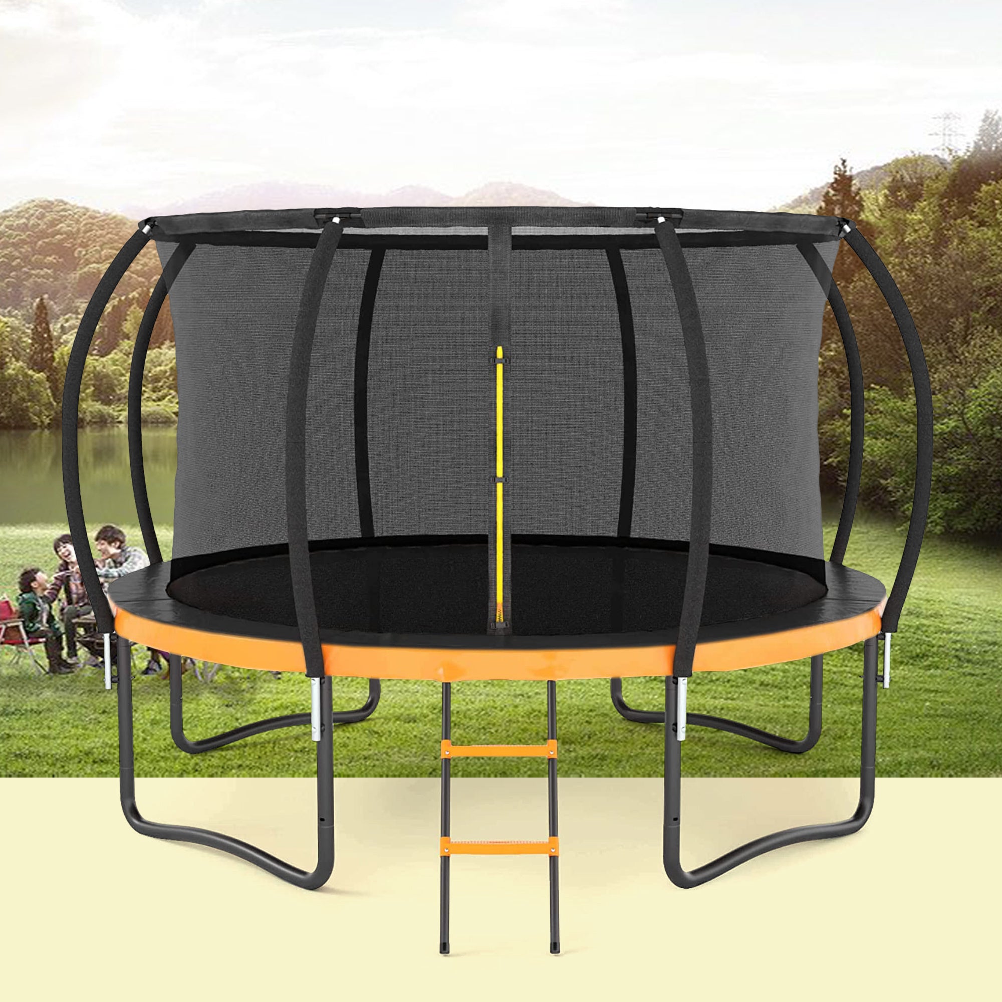 14FT Trampoline with Safety Enclosure (Black & Orange)