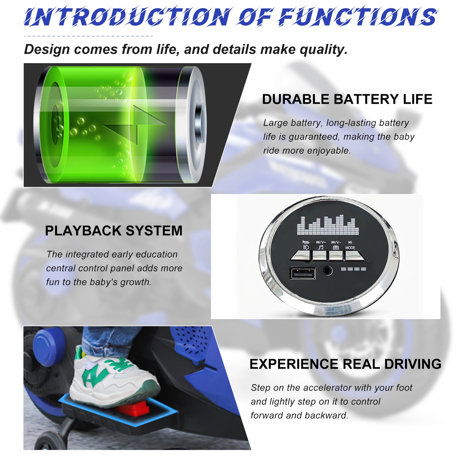 12V 3-Wheel Kids Rechargeable Electric Motorcycle - Blue