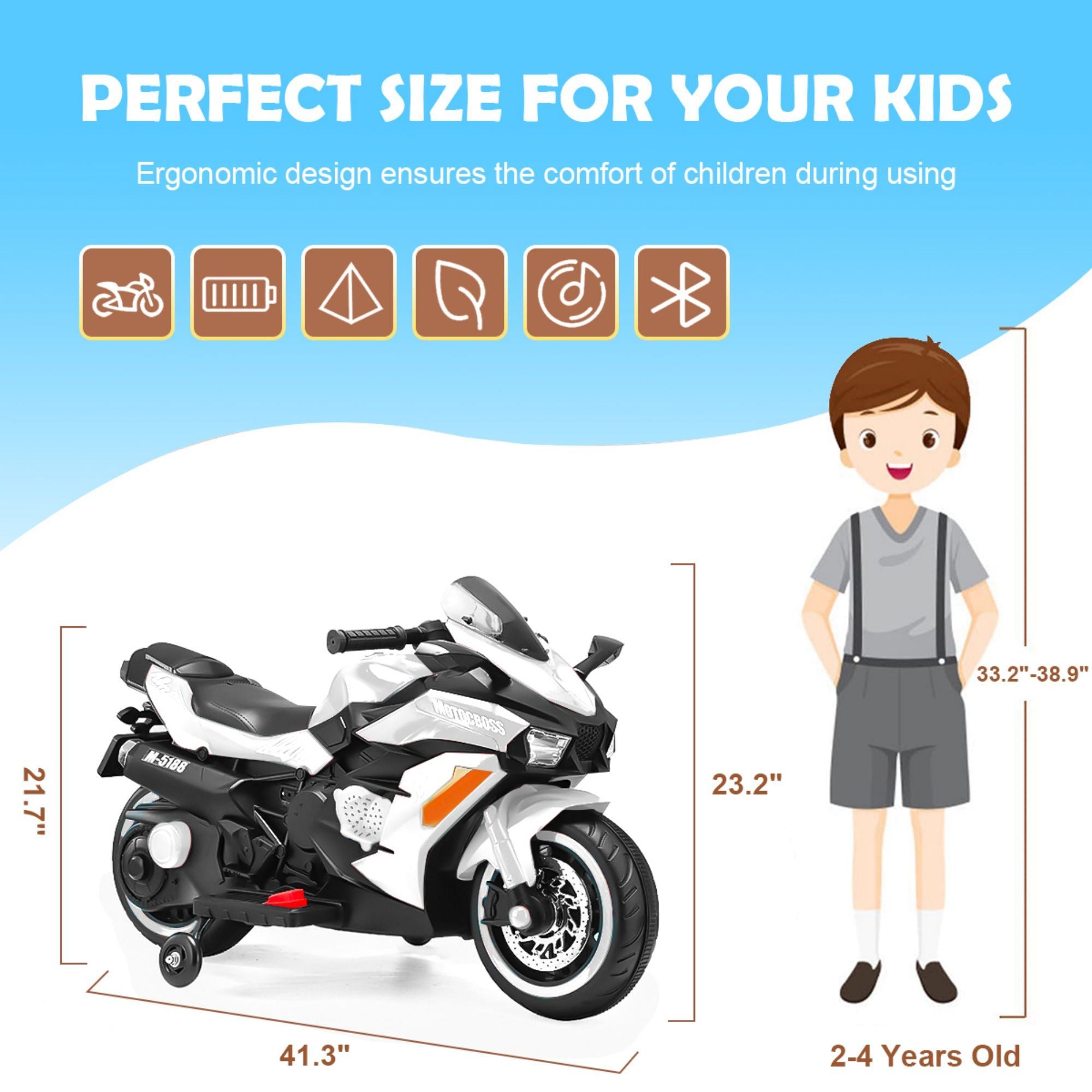 12V Kids Rechargeable Riding Electric Motorcycle - White