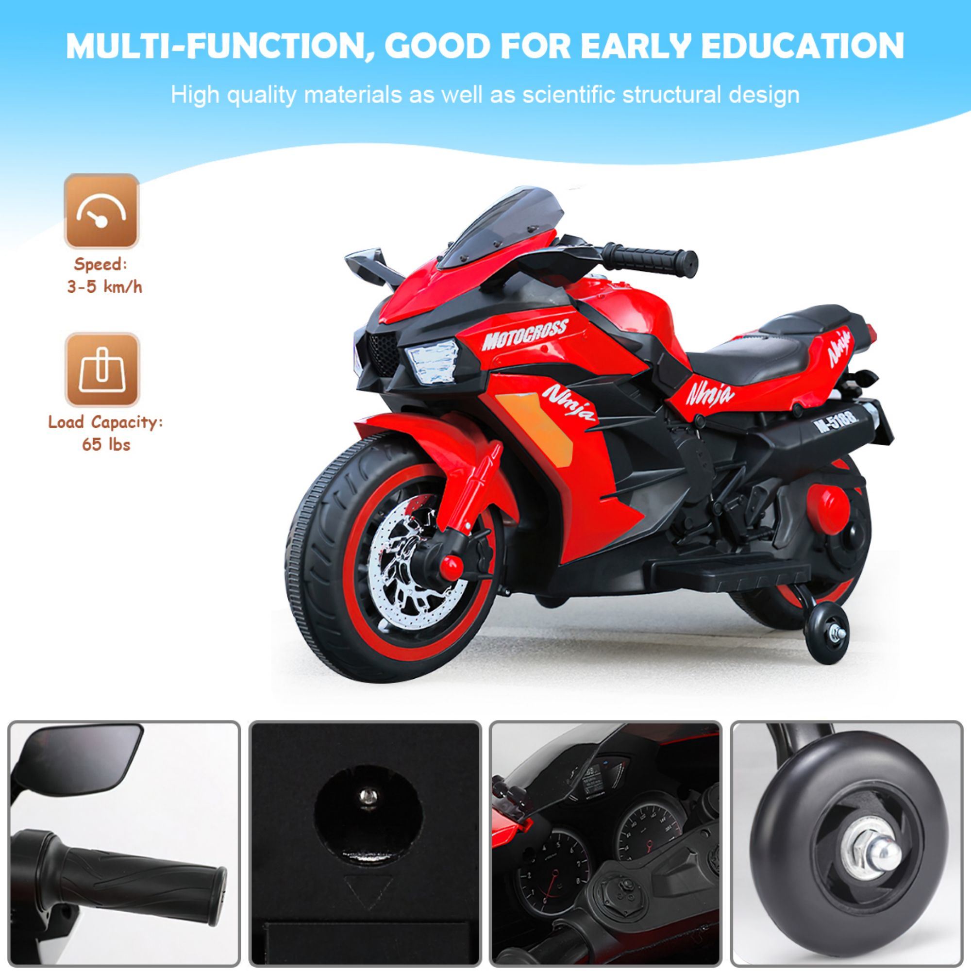 12V Kids Rechargeable Riding Electric Motorcycle - Red
