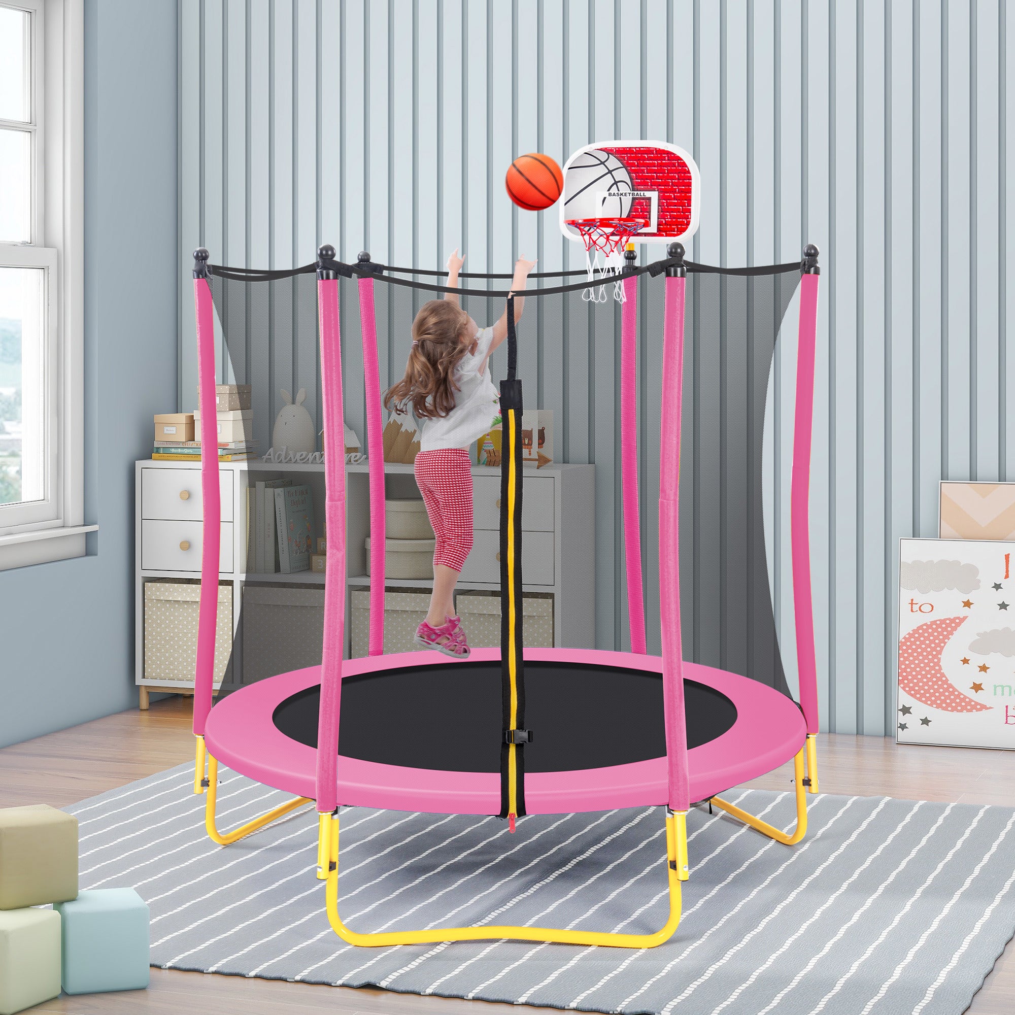 5.5FT Kids Trampoline with Basketball (Pink)