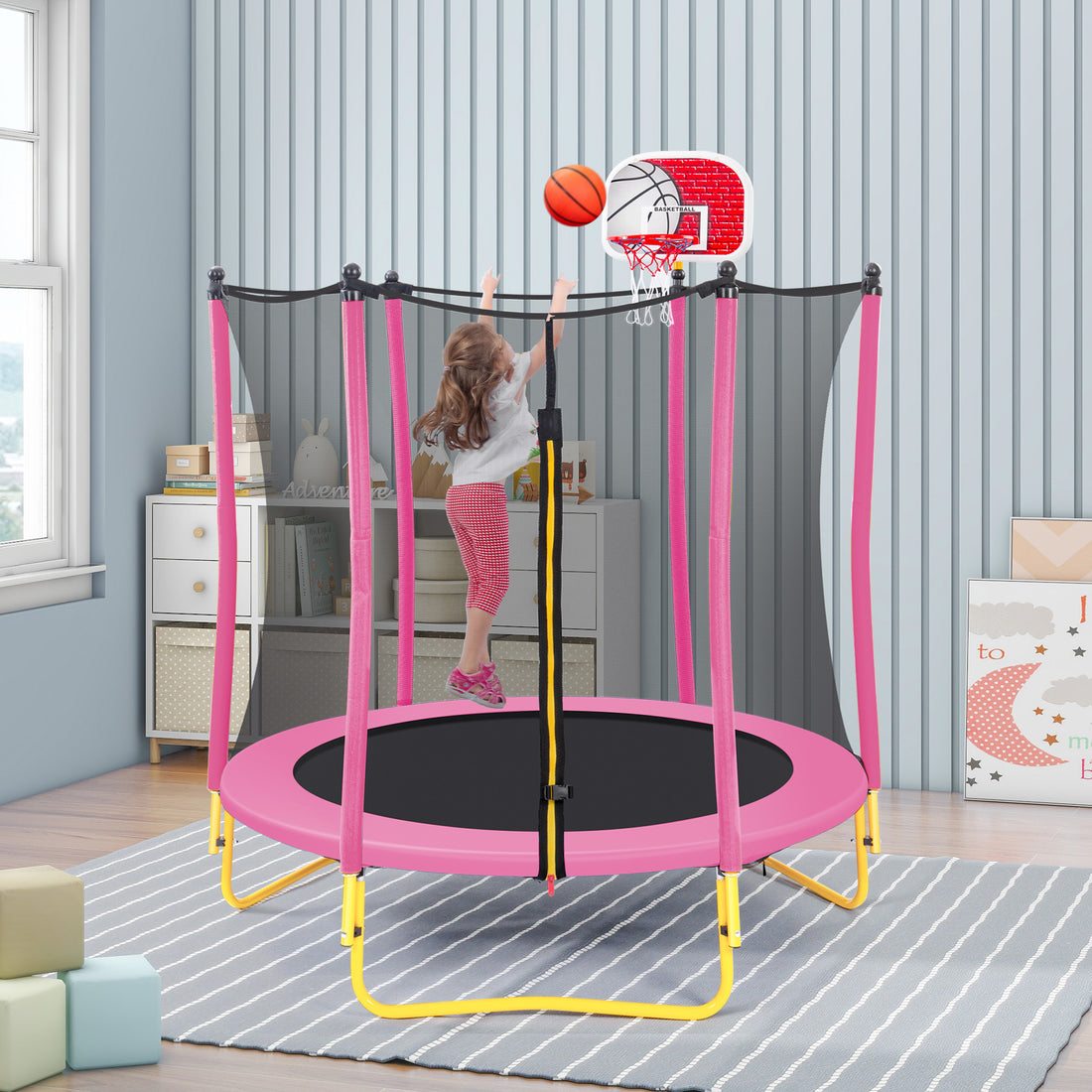 5.5FT Kids Trampoline with Basketball (Pink)