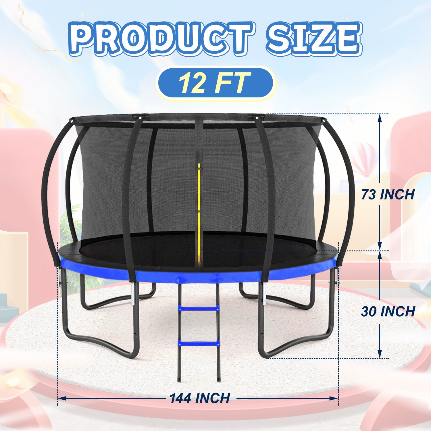12FT Big Trampoline with Safety - Black & Blue