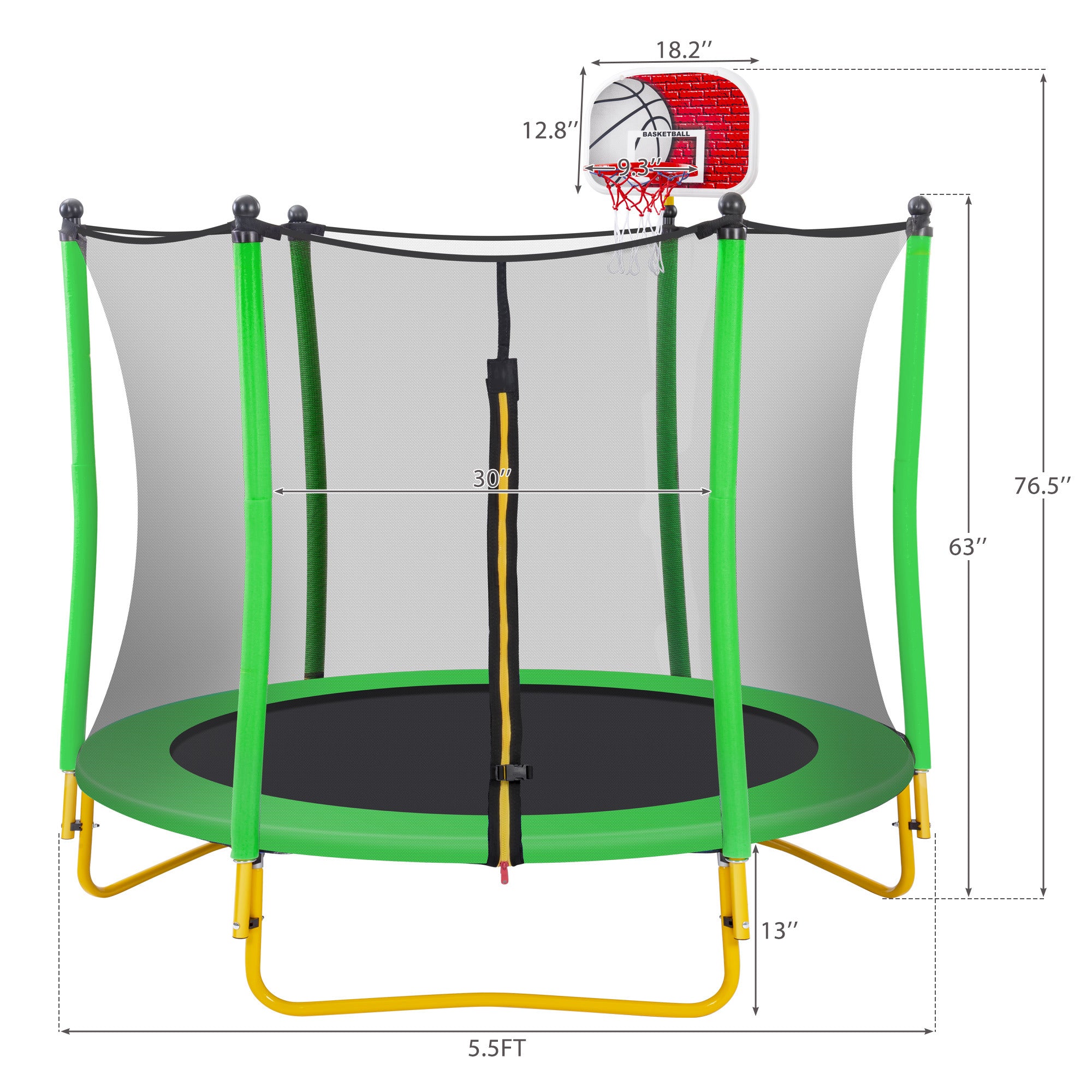 5.5FT Kids Trampoline with Basketball (Green)